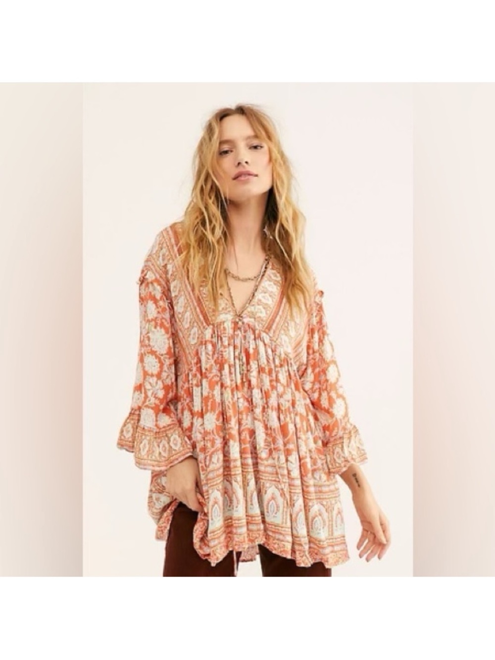 Free People Moonlight Dance Coral Paisley V-Neck Boho Tunic